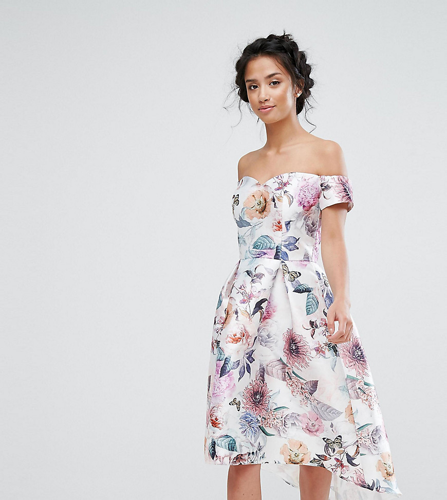 Chi Chi Petite All Over Printed Off Shoulder Midi Dress - Nude rose