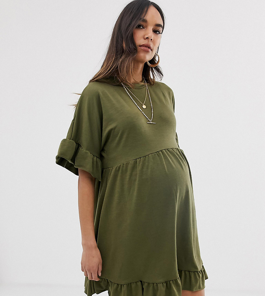 ASOS DESIGN Maternity mini frill sleeve smock dress in sweat