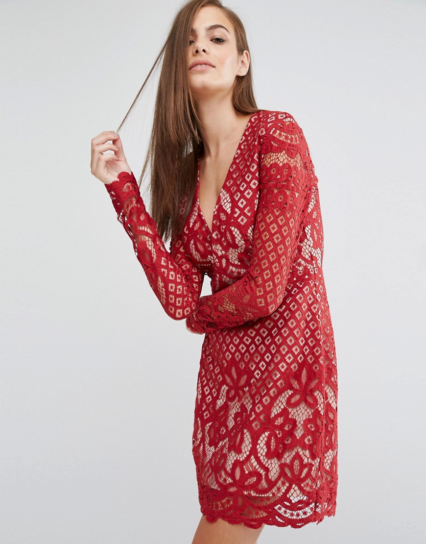 Stylestalker Long Sleeve V Neck Lace Mini Dress - Red