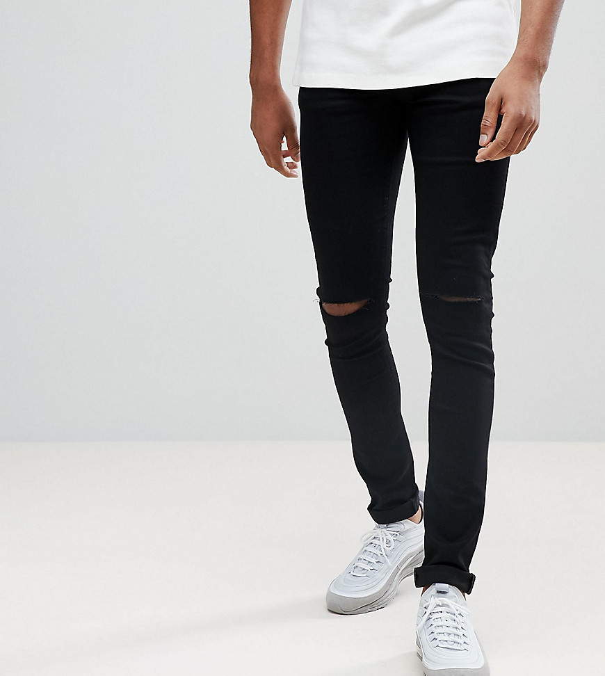 Asos Design Tall Super Spray On Jeans With Knee Rips In Black - Black