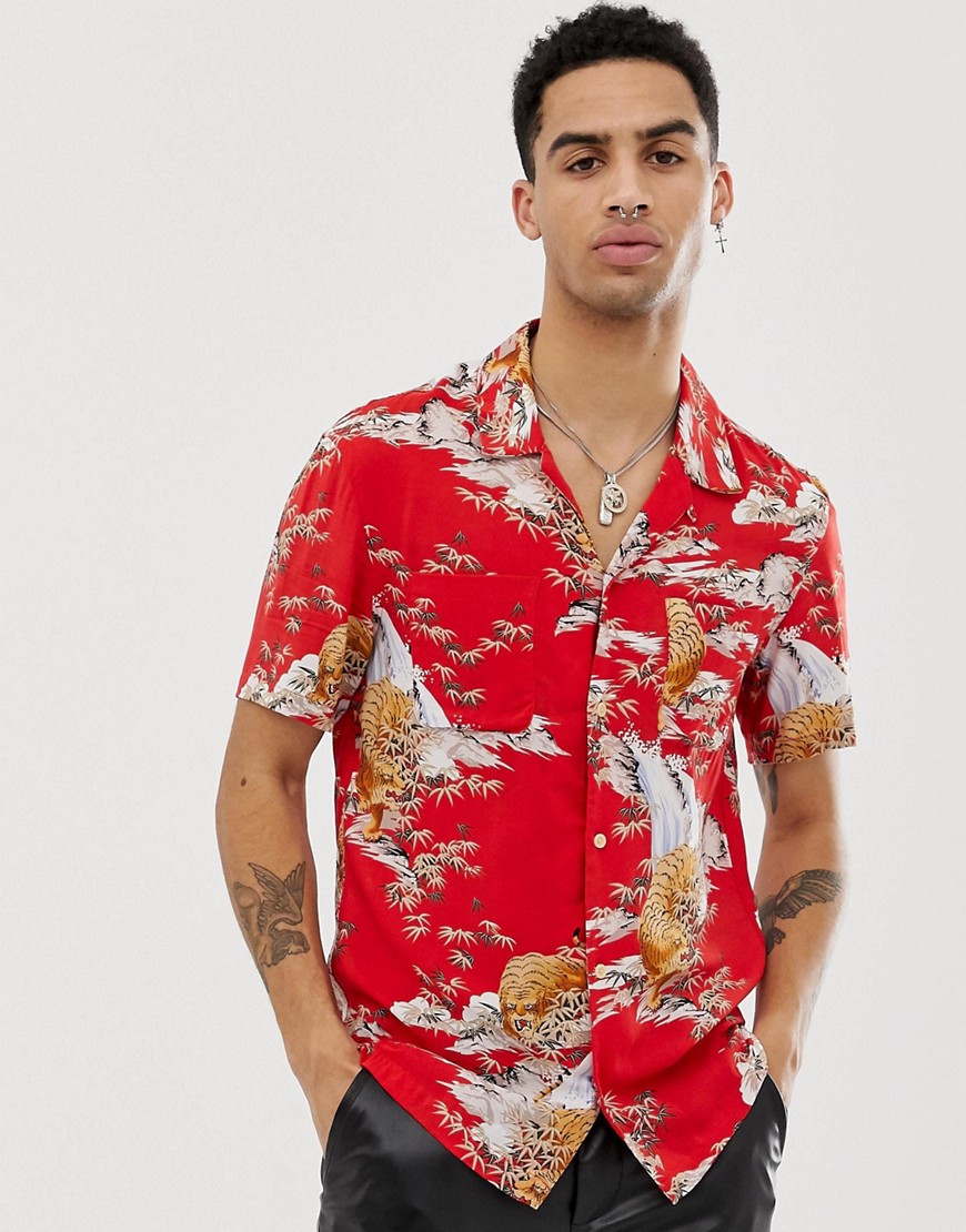 Allsaints Revere Collar Shirt With Tiger Print In Red