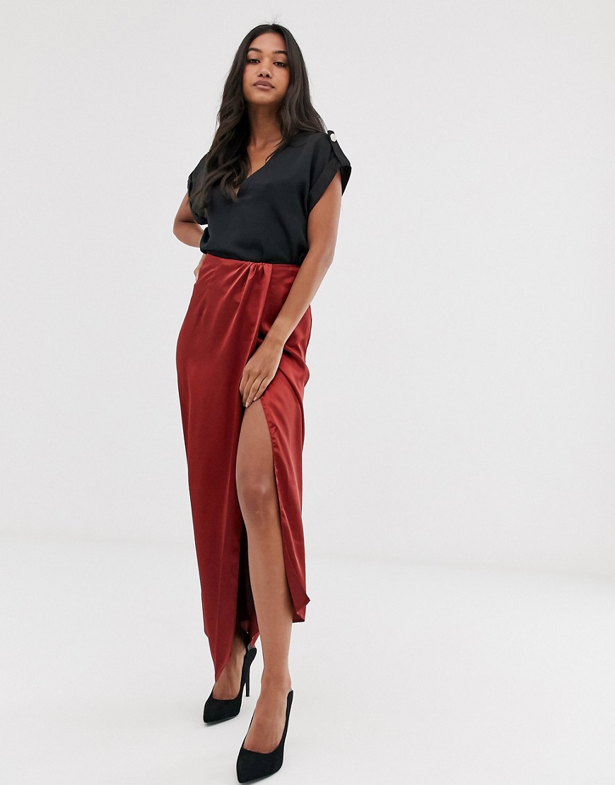 Asos Design Satin Wrap Front Column Maxi Skirt-red