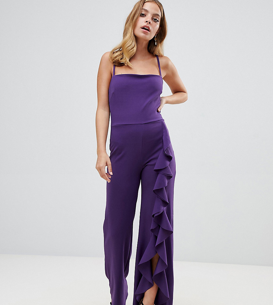 John Zack Petite wide leg jumpsuit with exaggerated ruffle detail in purple