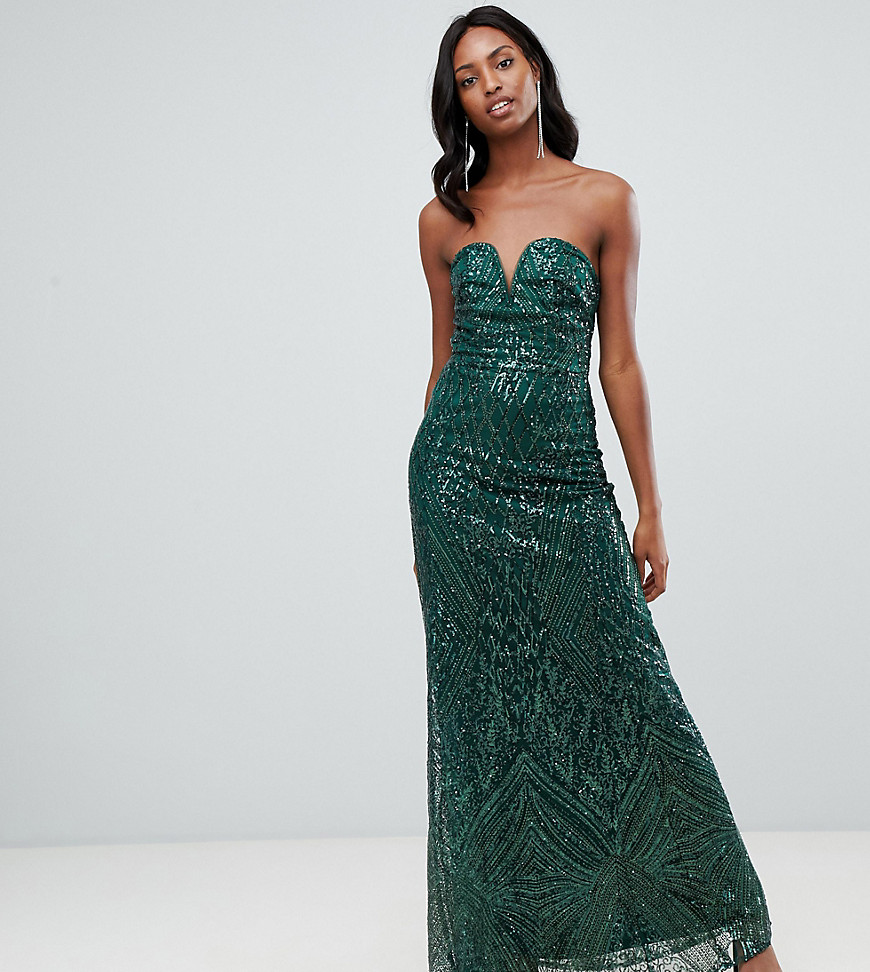 TFNC Tall patterned sequin bandeau maxi dress in green