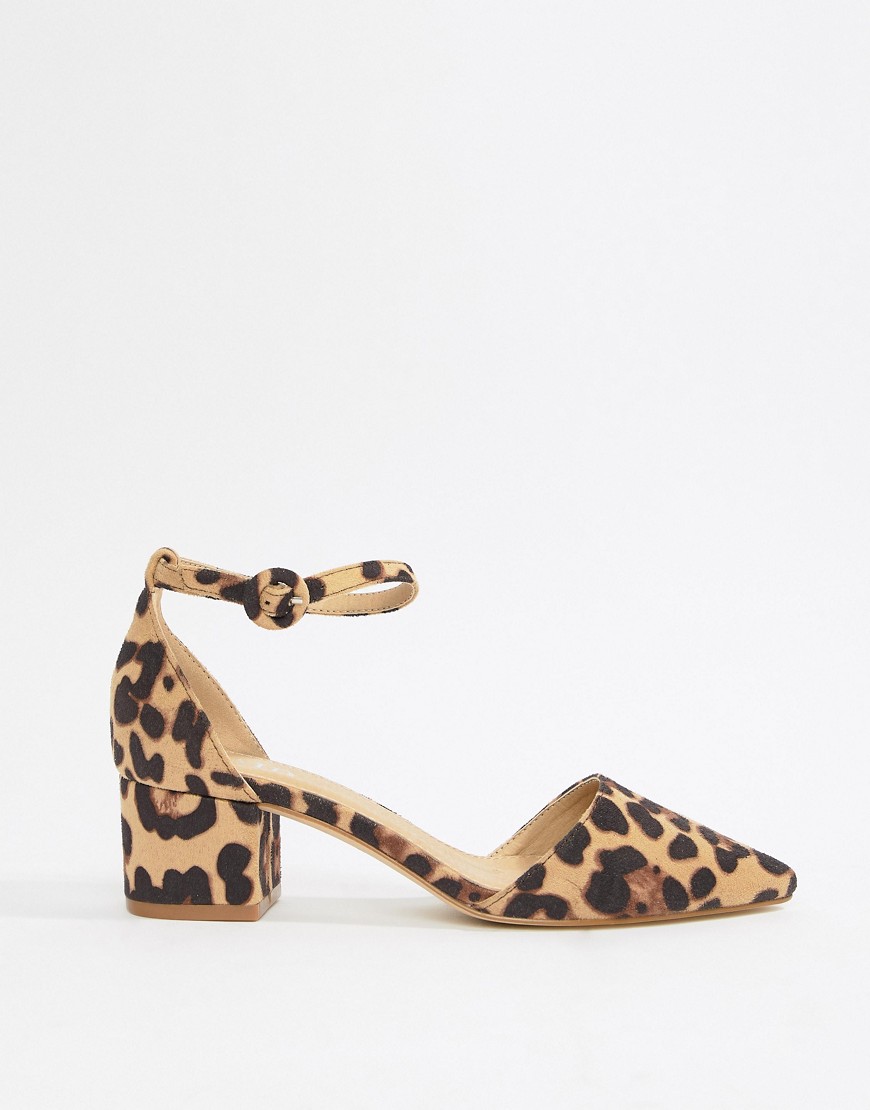 RAID Lucky leopard print cross strap black mid heeled shoes