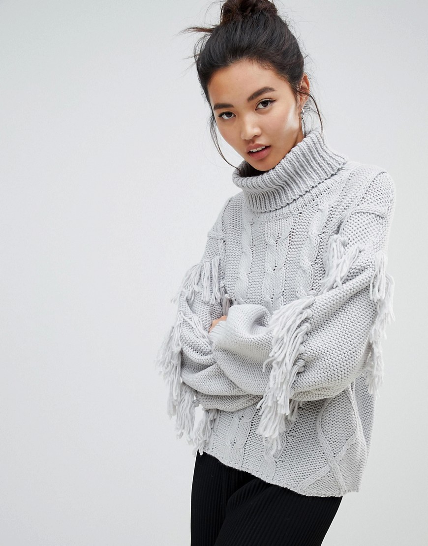 Neon Rose relaxed jumper with high neck in textured tassel knit - Grey
