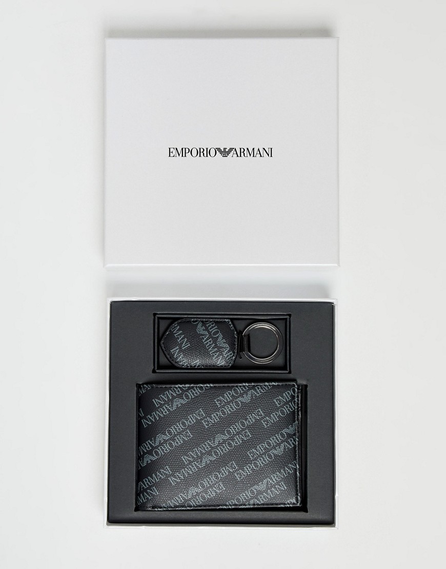 Emporio Armani all over logo billfold & coin wallet and keyring gift set in black - Black