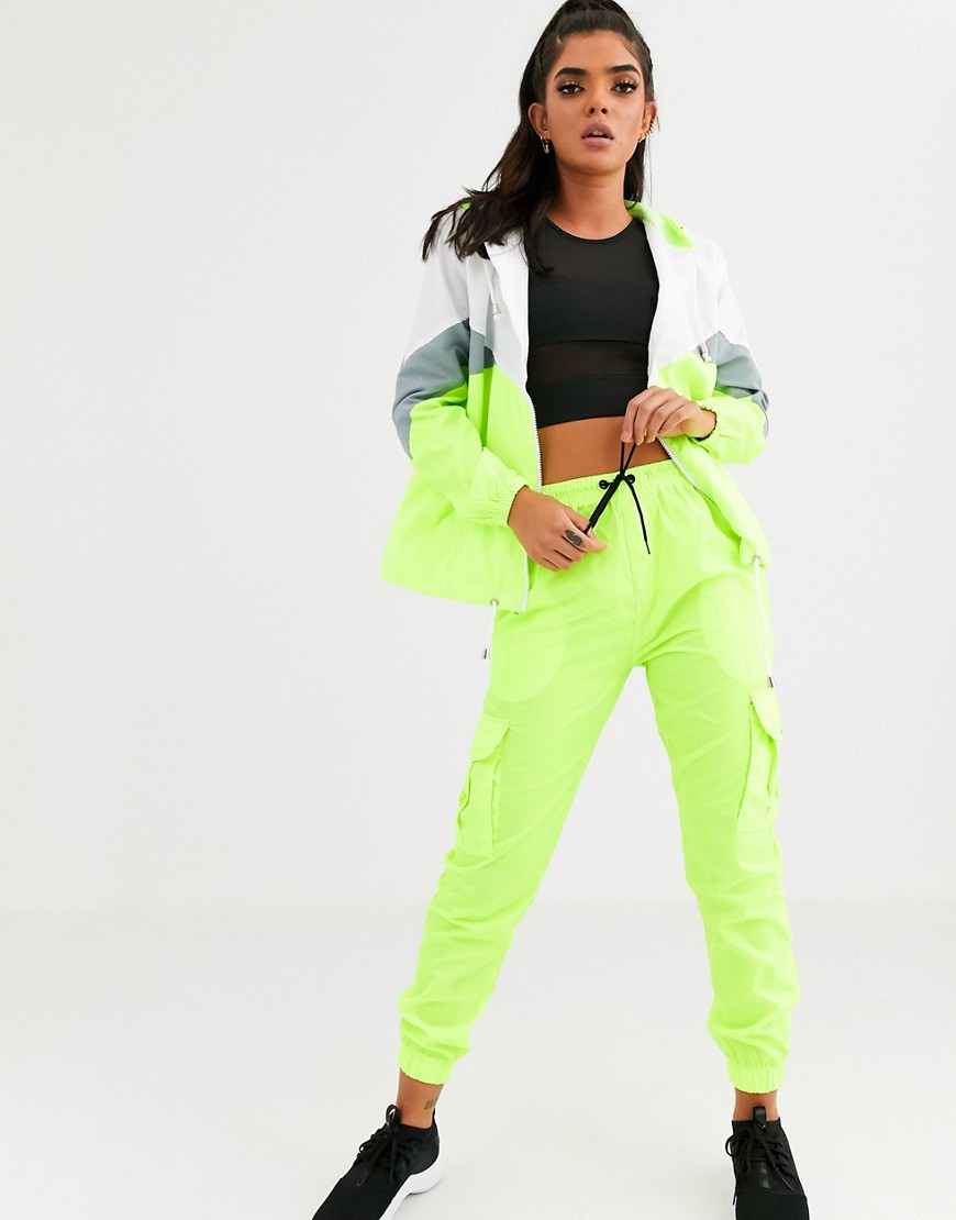 QED London elasticated cuff cargo trousers in lime co-ord
