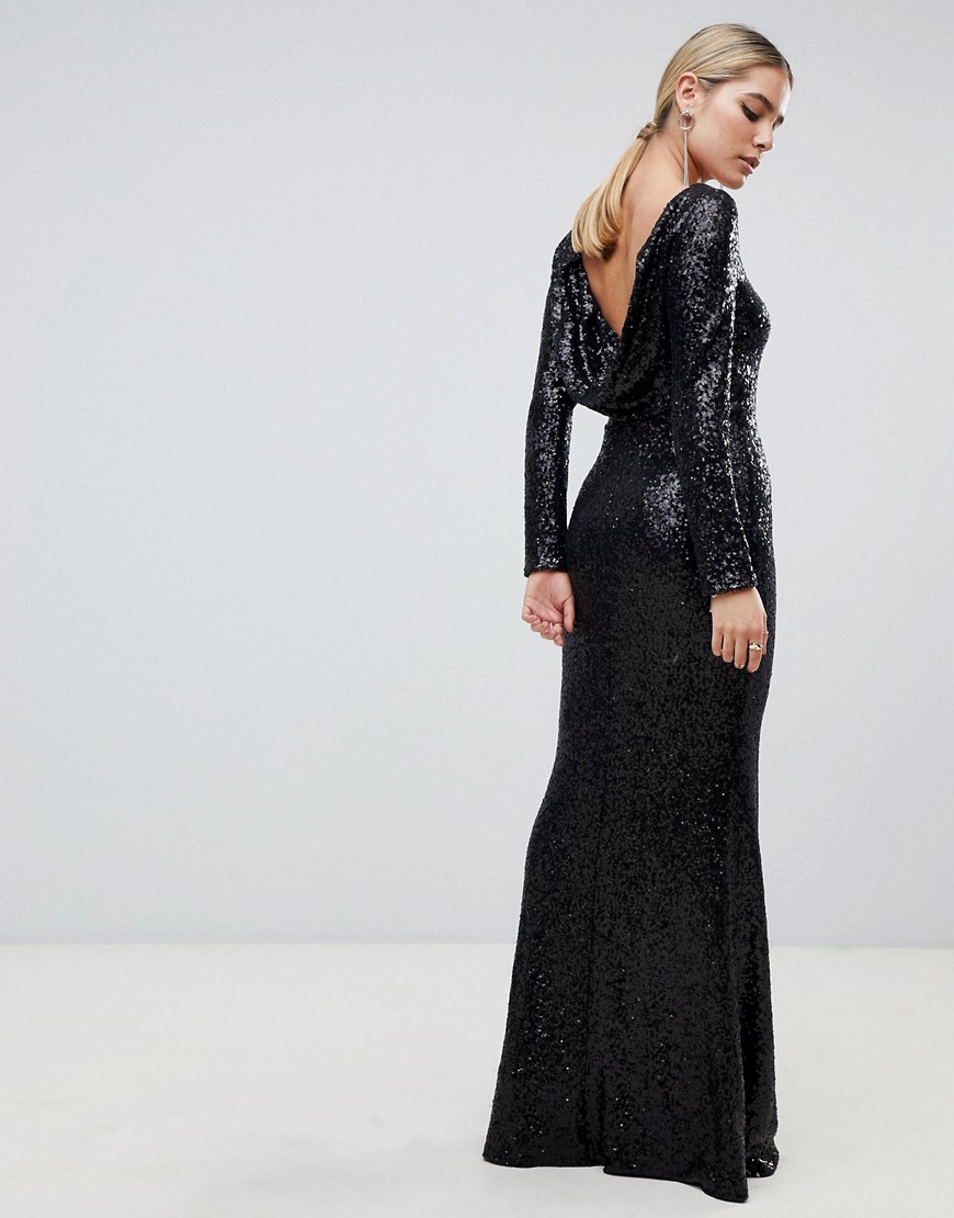 Outrageous Fortune sequin long sleeve maxi dress with cowl back in black - Black