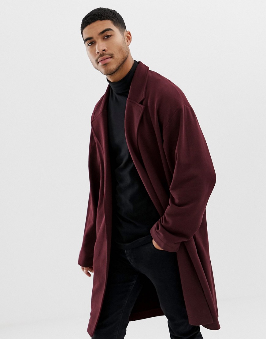 ASOS DESIGN oversized jersey duster jacket in burgundy