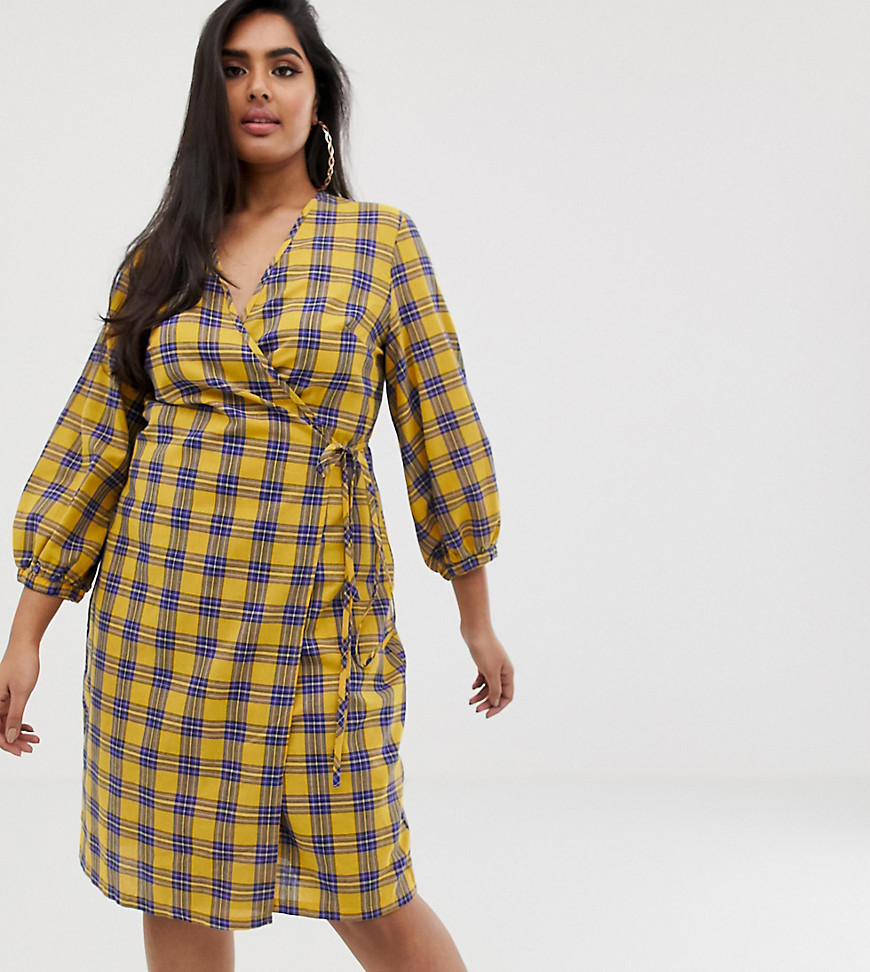 PrettyLittleThing Plus wrap tie side midi dress in yellow check