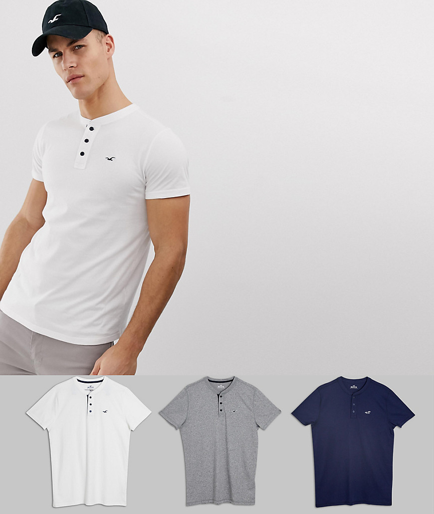 Hollister 3 pack icon logo henley t-shirt in white/navy/grey