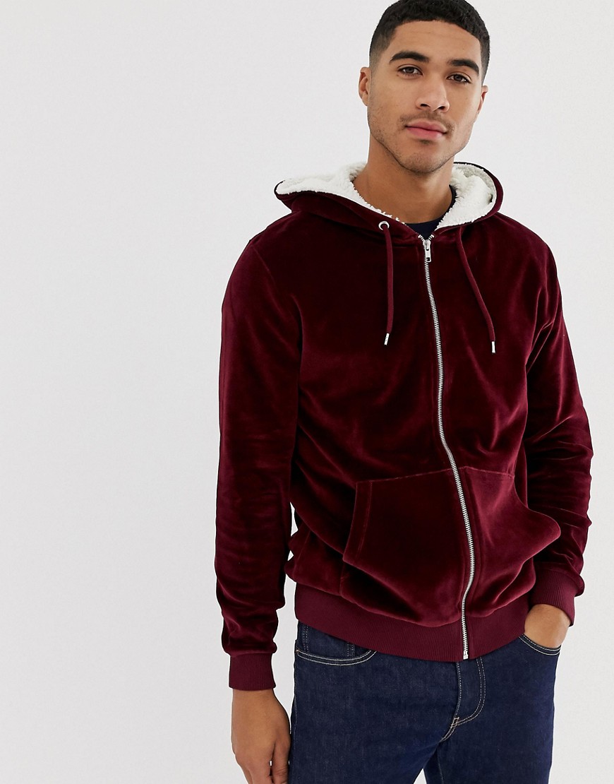 ASOS DESIGN zip up hoodie in velour with borg hood in burgundy