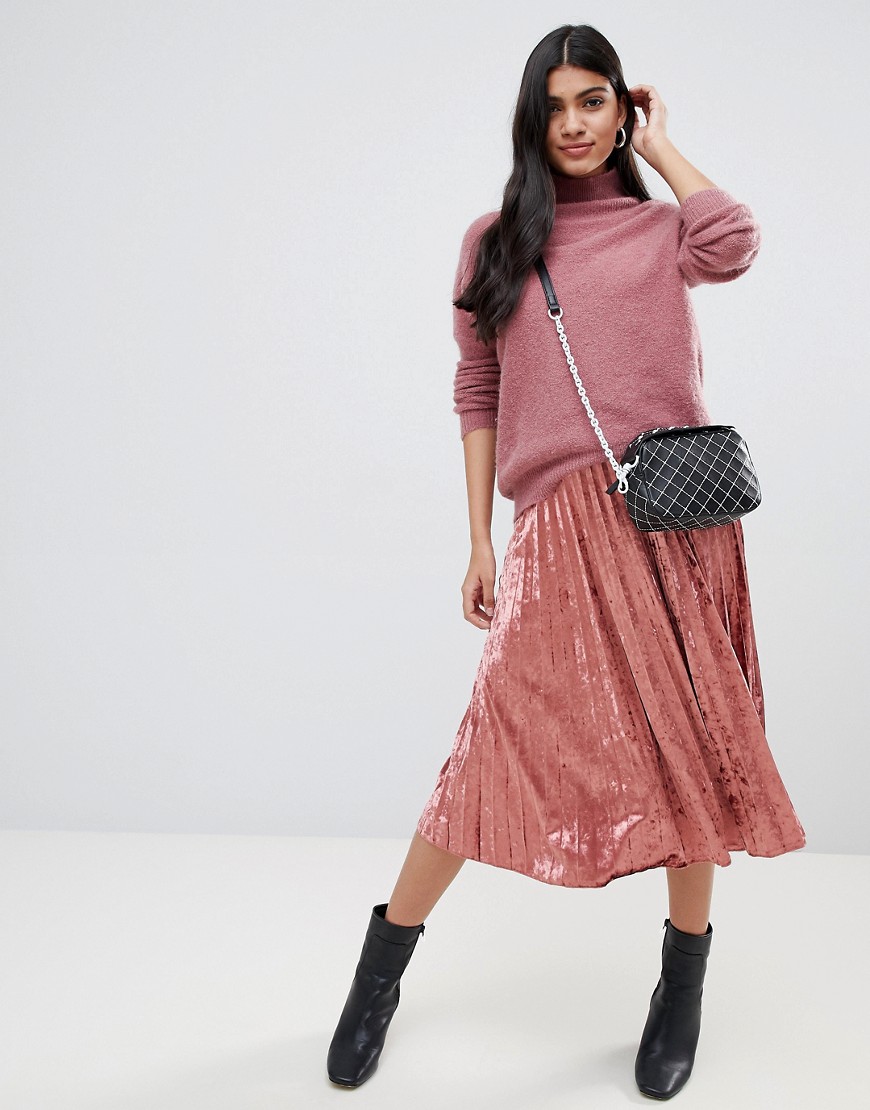 Glamorous pleated velvet midi skirt - Raspberry velvet