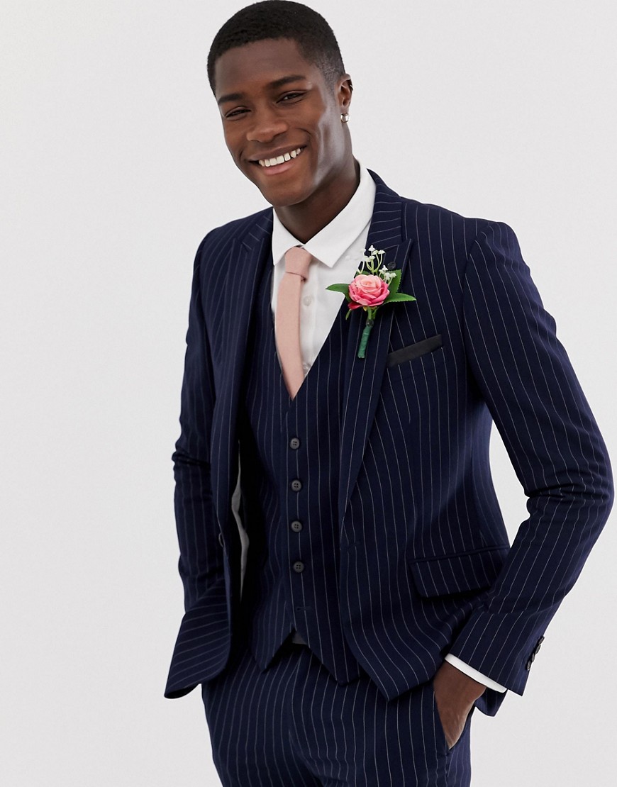 Burton Menswear wedding skinny suit jacket in navy stripe