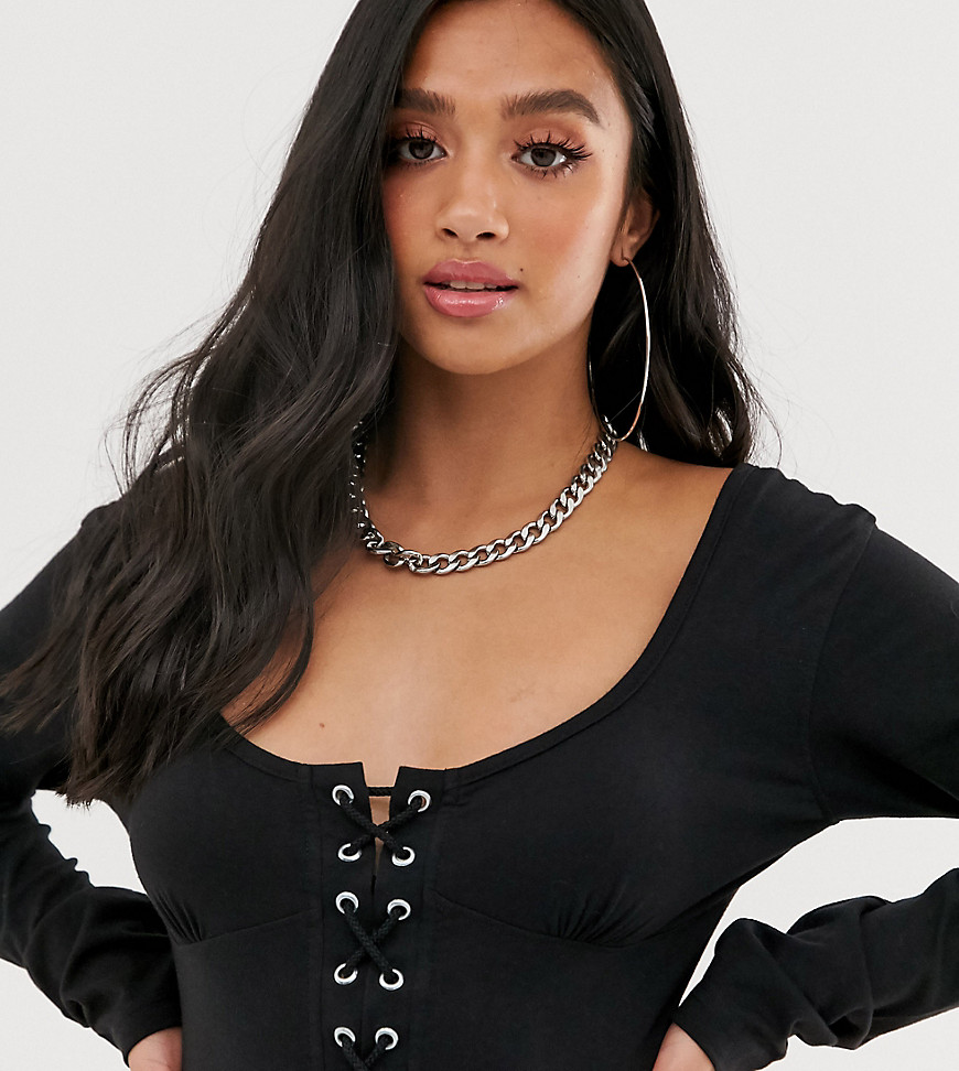 Missguided Petite lace up ribbed body in black