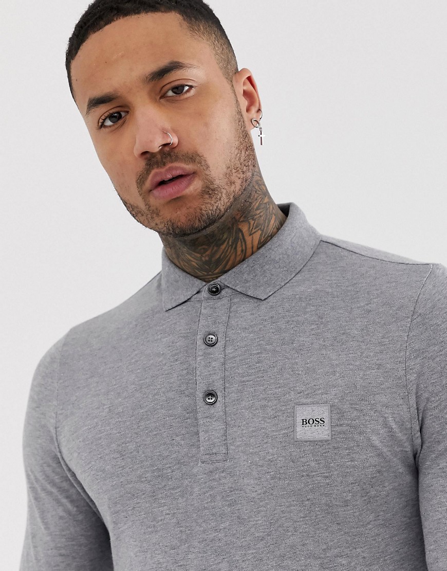 BOSS Passerby slim fit long sleeve pique polo in grey