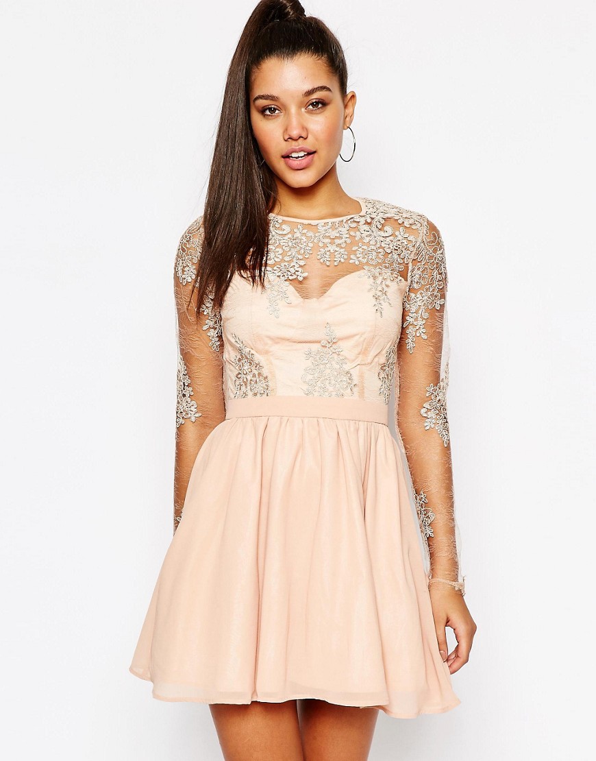 Missguided Lace Sleeve Prom Dress - Nude