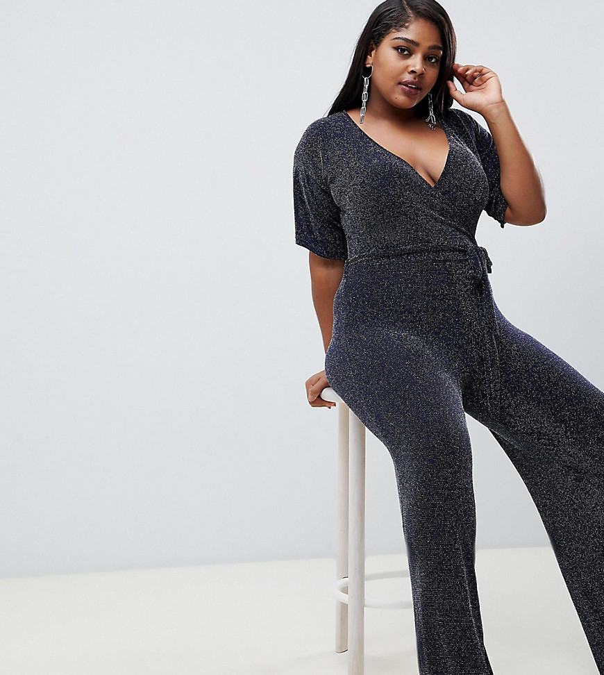 Missguided Plus exclusive plus glitter wrap over jumpsuit in navy