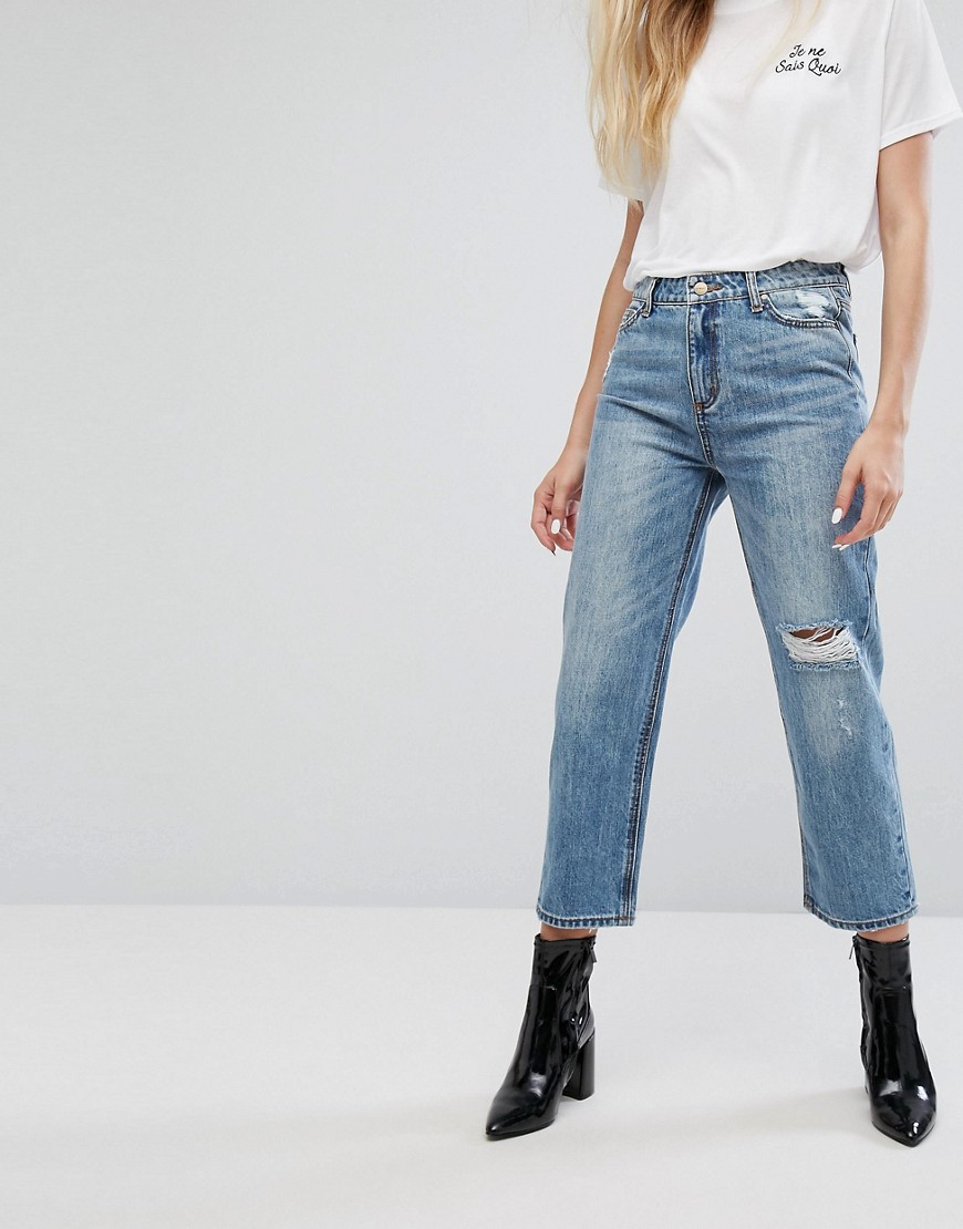 EVIDNT High Rise Cropped Jeans with Rips - Denim blue