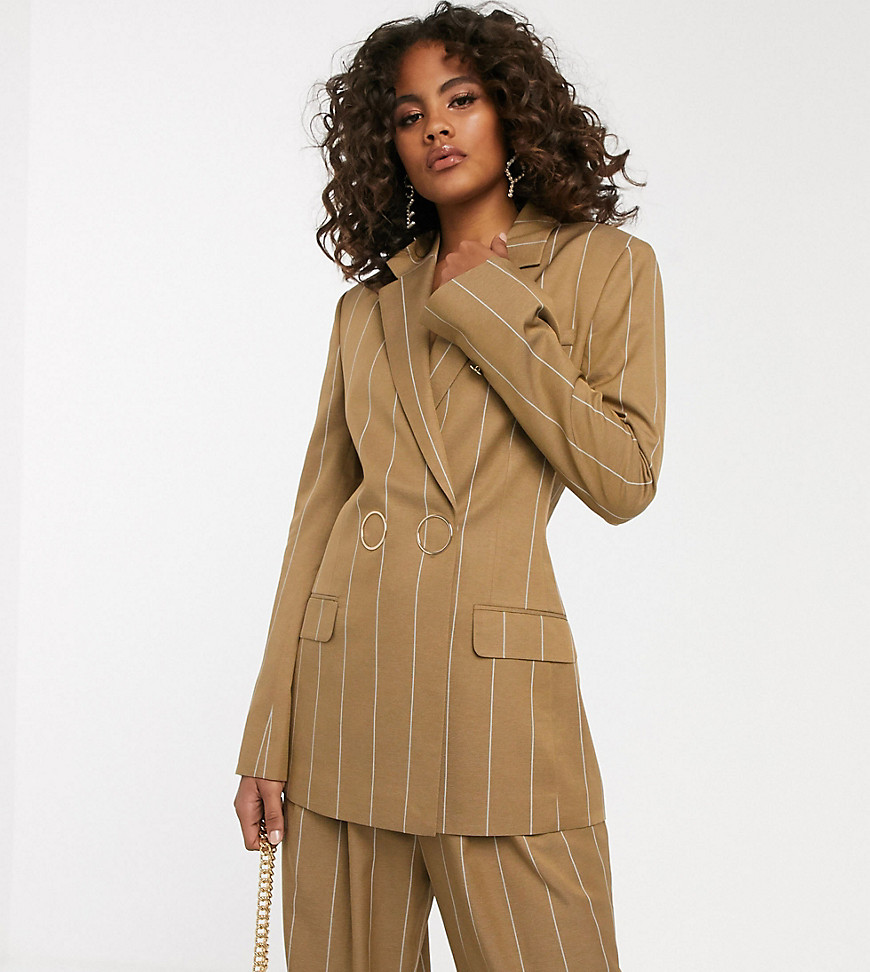 ASOS DESIGN Tall camel stripe suit blazer with popper fastening