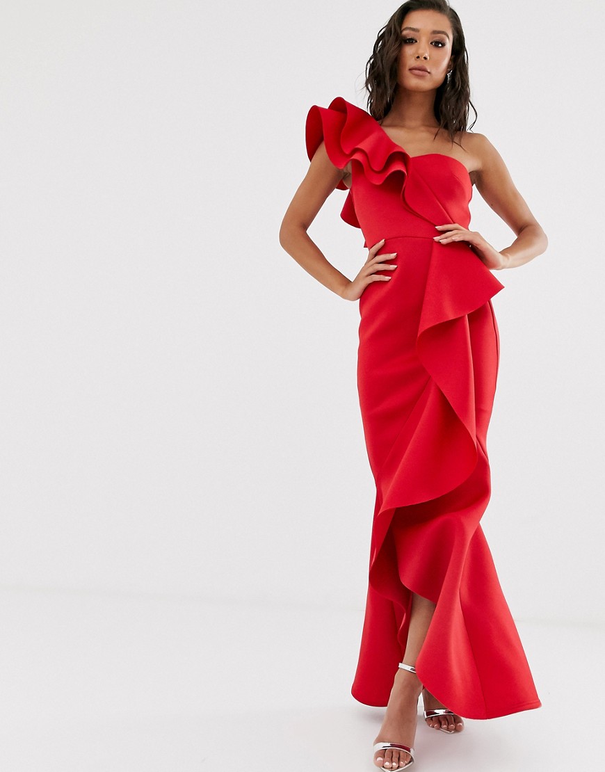 True Violet Black Label extreme frill detail midaxi dress in red