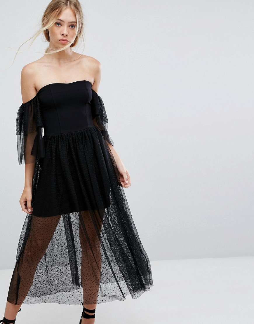 French Connection Tulle Layered Off-Shoulder Dress - Black