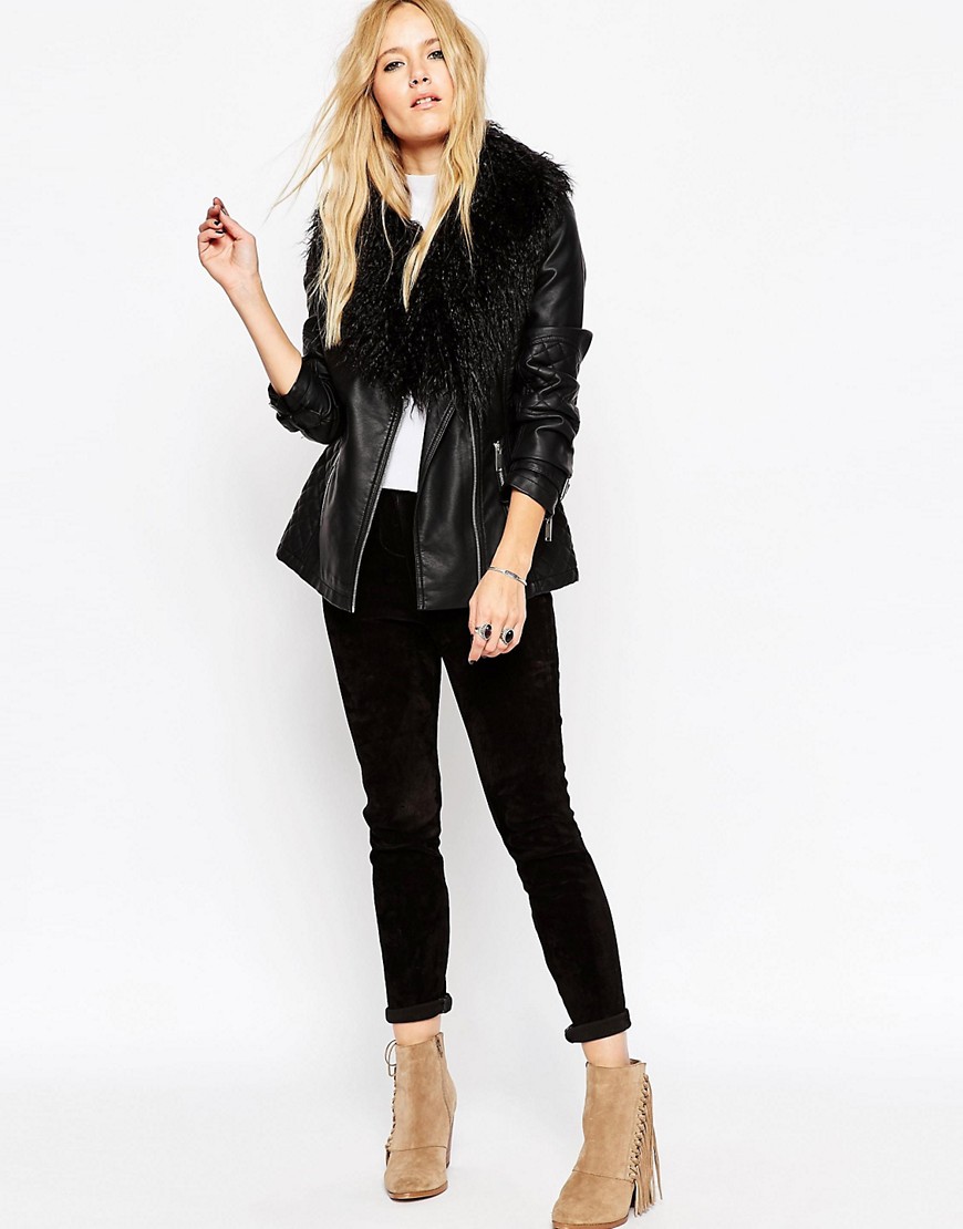 ASOS | ASOS Faux Leather Biker Jacket with Oversized Faux Fur Collar at ...