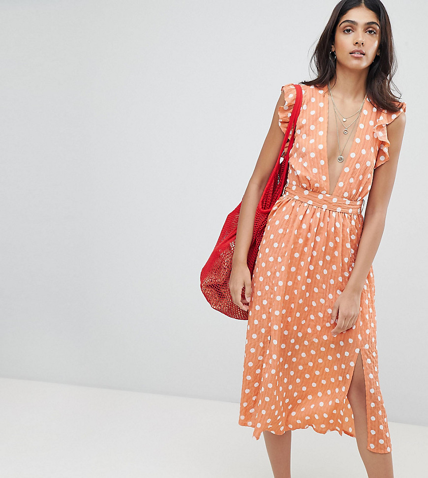 Glamorous Tall Sleeveless Midi Dress With Flutter Sleeves In Polka Dot - Dusty peach dot
