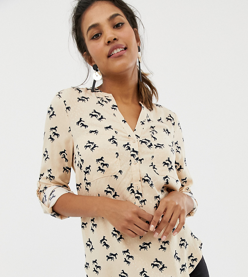 Oasis collarless shirt with pocket detail in horse print