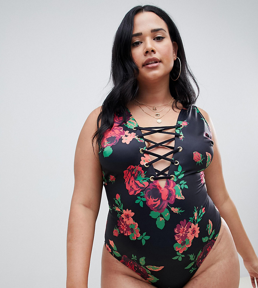 Wolf & Whistle Curve Exclusive lace up swimsuit in floral print