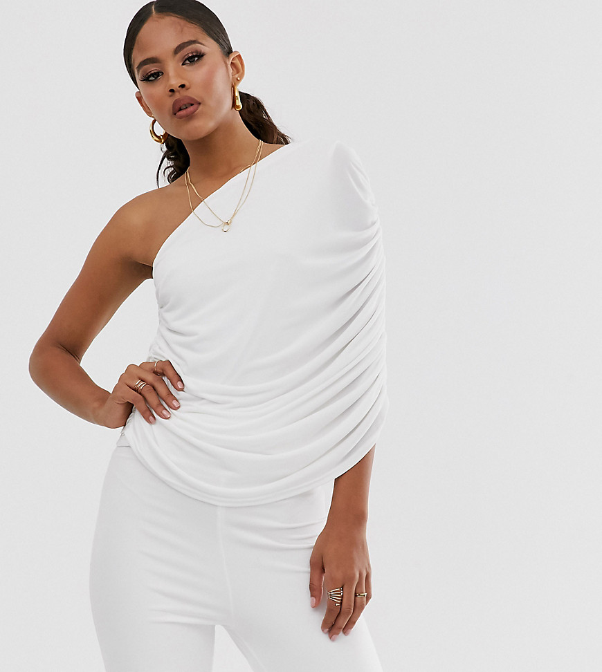 John Zack Tall one shoulder ruched jumpsuit in white
