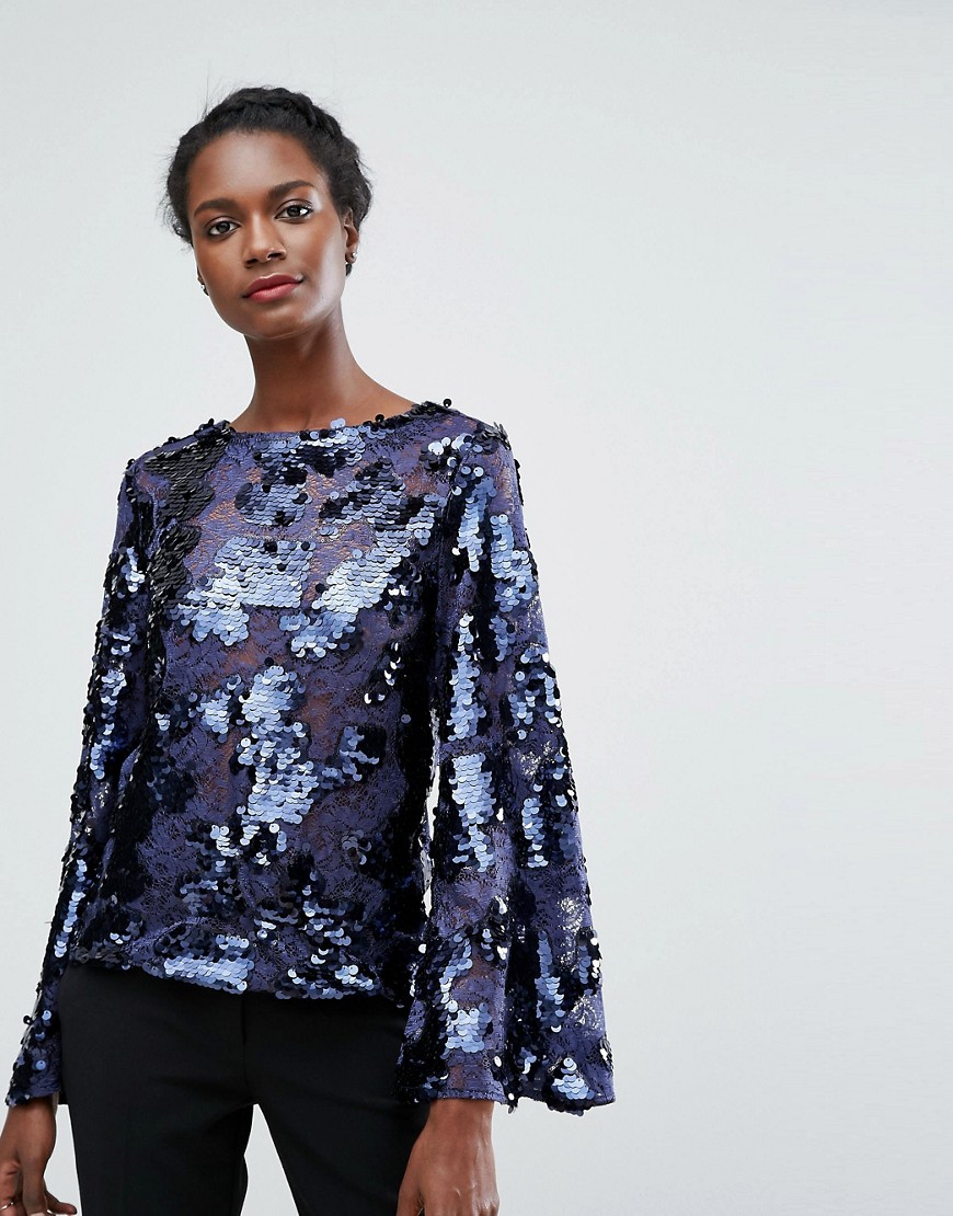 Endless Rose Leopard Print Sequin Top With Bell Sleeves - Dark navy combo