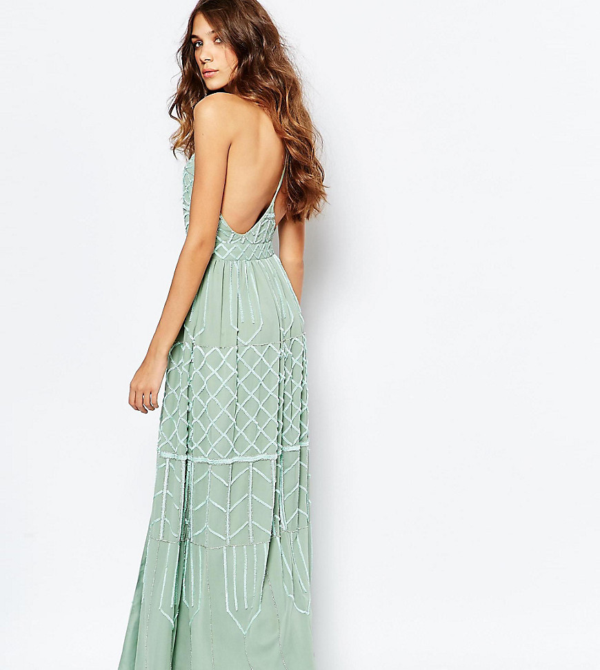 Frock and Frill Embellished Plunge Neck Maxi Dress With Open Back