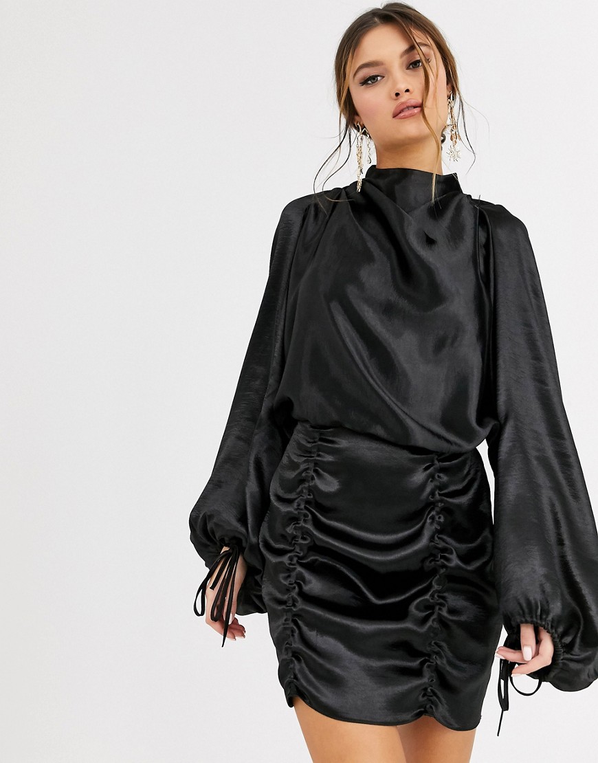 Asos Design Satin Mini Dress With Ruched Skirt And Blouson Top-black