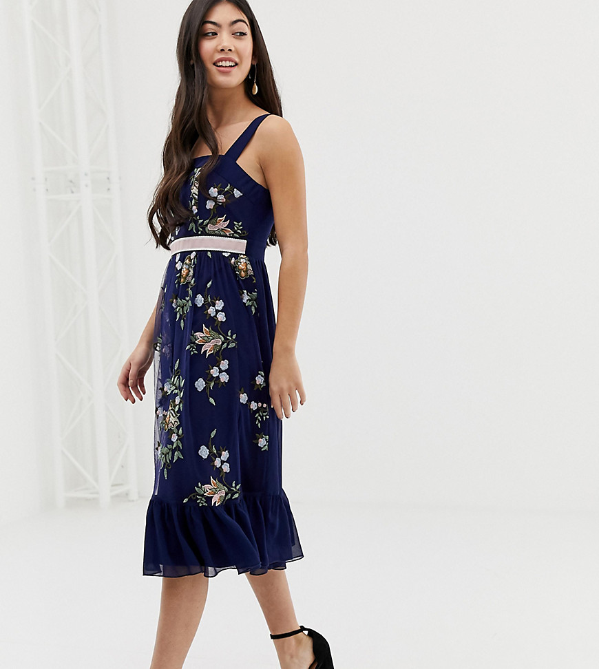Little Mistress Petite embroidered square neck midi dress with fluted hem in navy multi