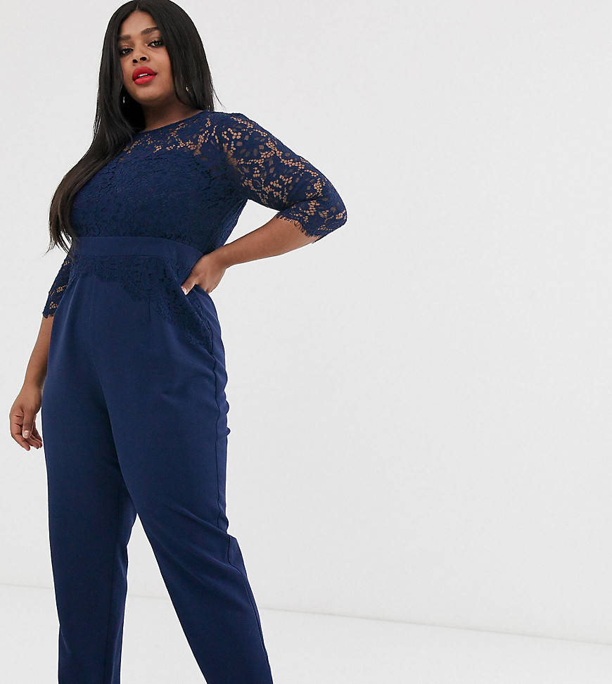 Paper Dolls Plus cutwork lace tailored jumpsuit in navy