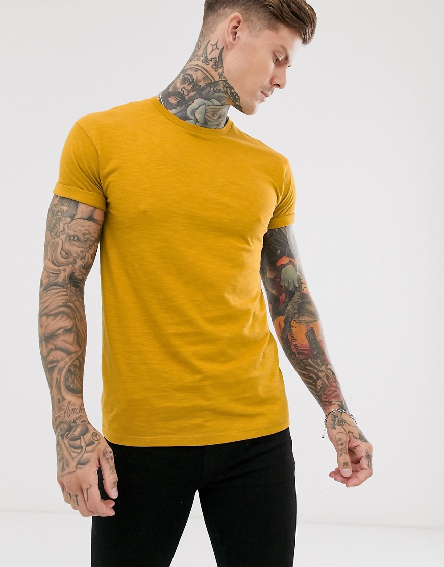Topman roll sleeve t-shirt in mustard slub