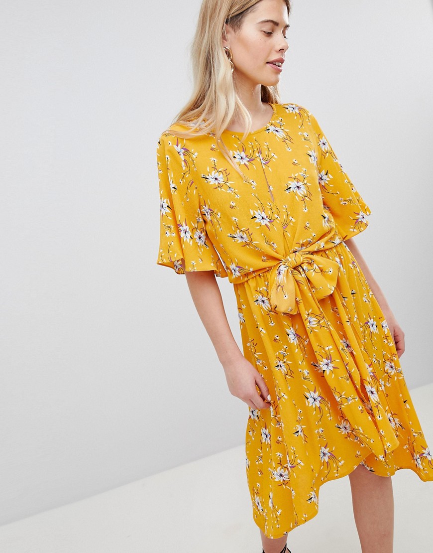 New Look Printed Flutter Sleeve Tie Front Wrap Midi Summer Dress - Yellow