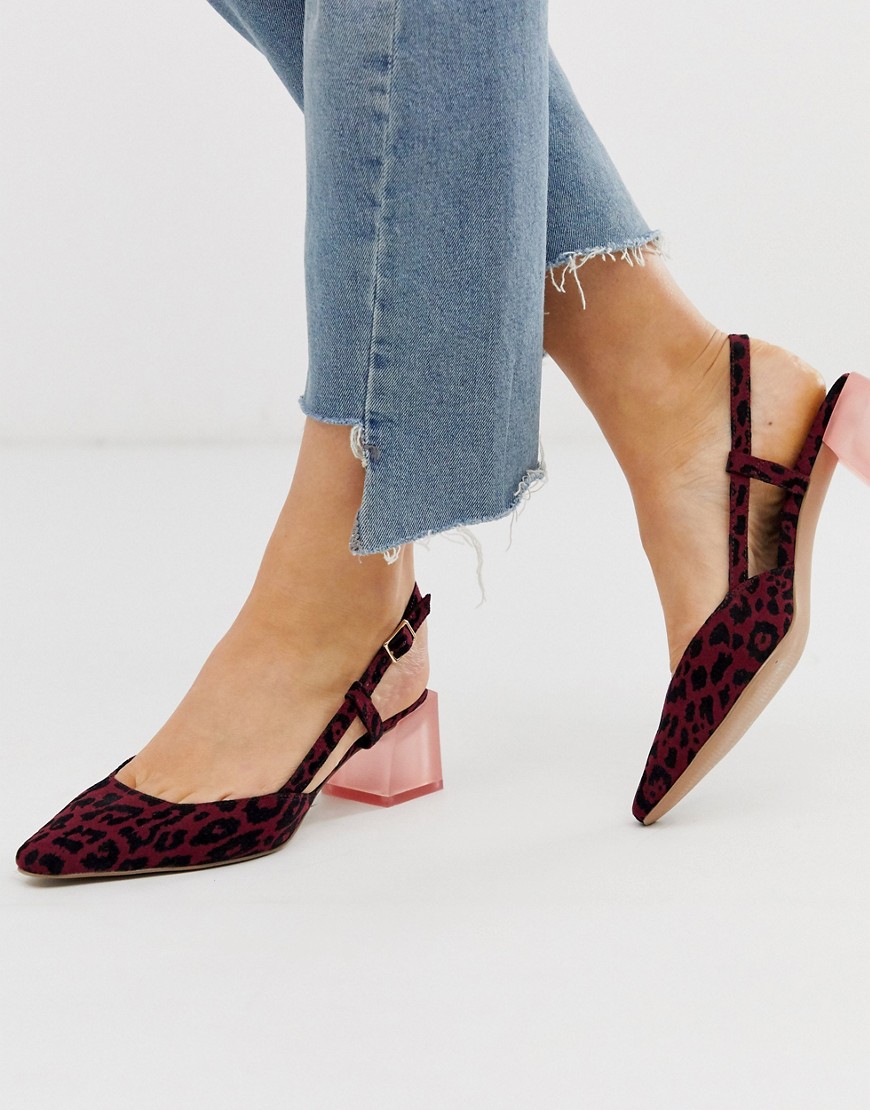 ASOS DESIGN Sleek square toe slingback mid-heels in burgundy leopard