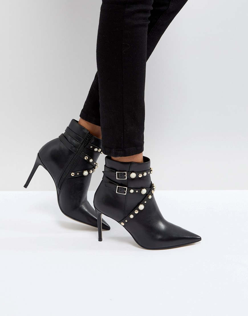 Carvela Granite Pearl Buckle Leather Heeled Ankle Boots
