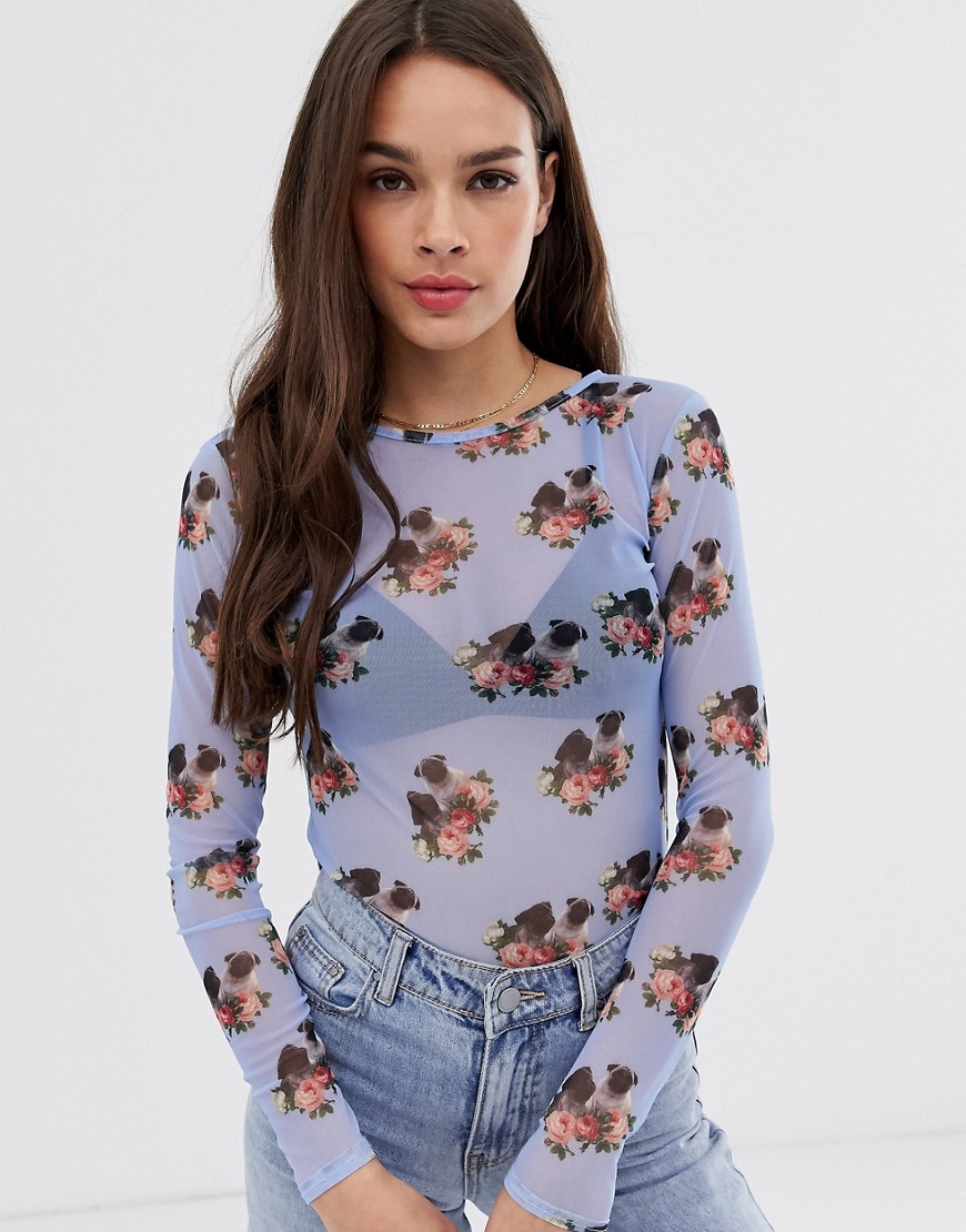 Daisy Street mesh long sleeve top in pug and floral print