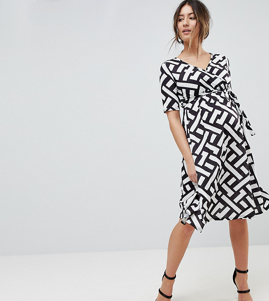 Bluebelle Maternity Wrap Midi Dress With Tie Waist With Geometric Print - Abstract multi