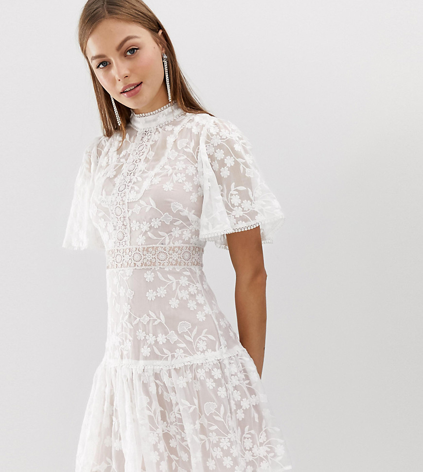 Forever New lace mini spliced dress with fluted sleeve in pink and white