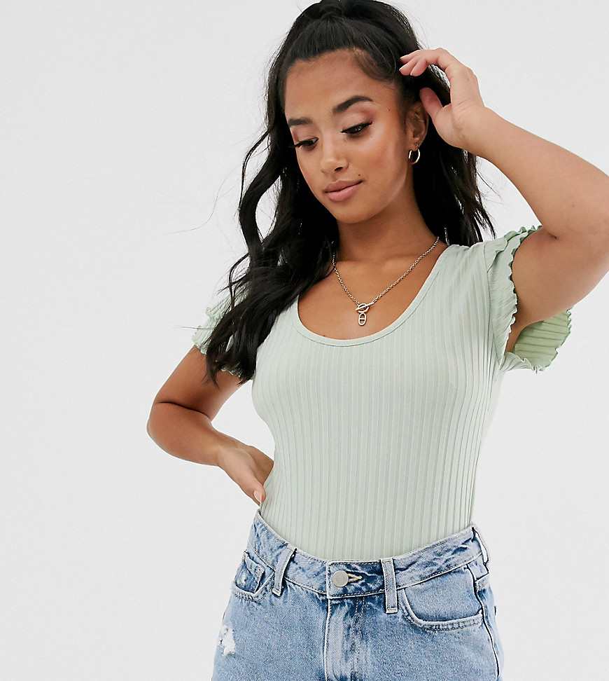 PrettyLittleThing Petite ribbed body with frill sleeves in mint