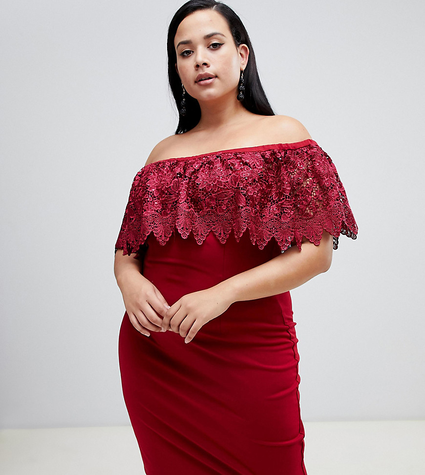 Paper Dolls Plus lace overlay bardot pencil dress in red
