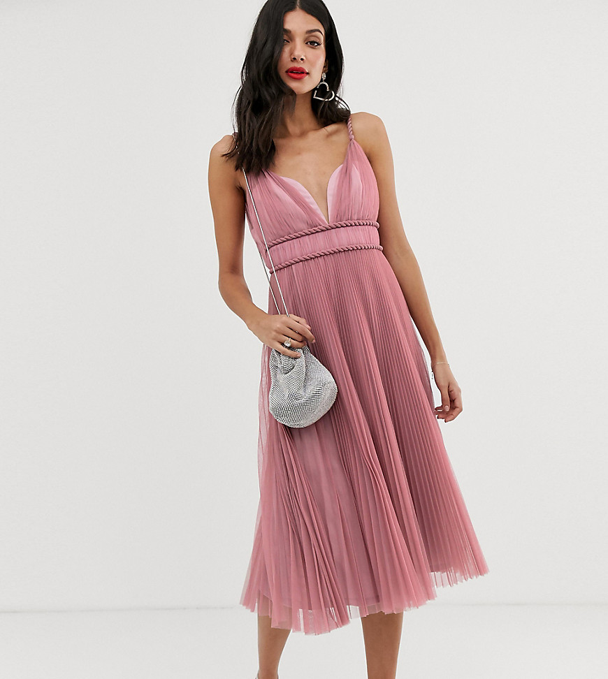 ASOS DESIGN Tall pleated tulle midi dress with twist detail