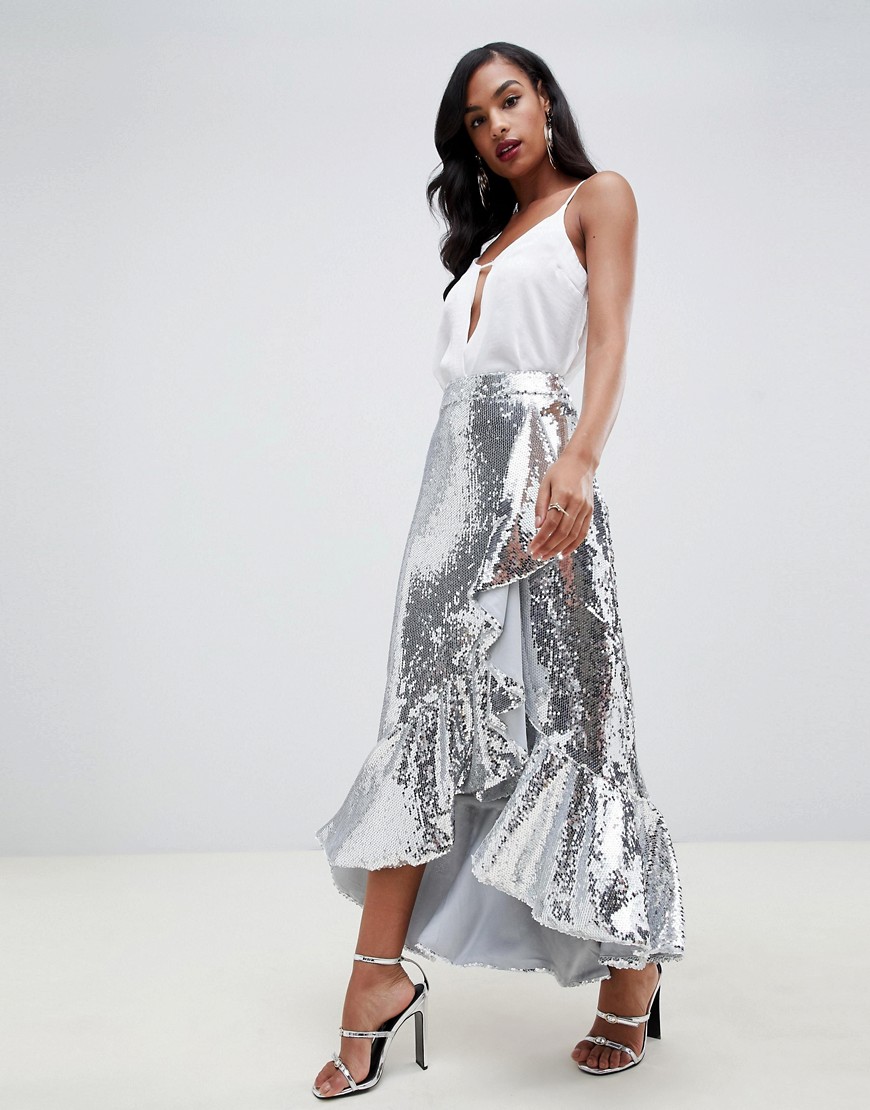 TFNC sequin high low skirt with frills in silver