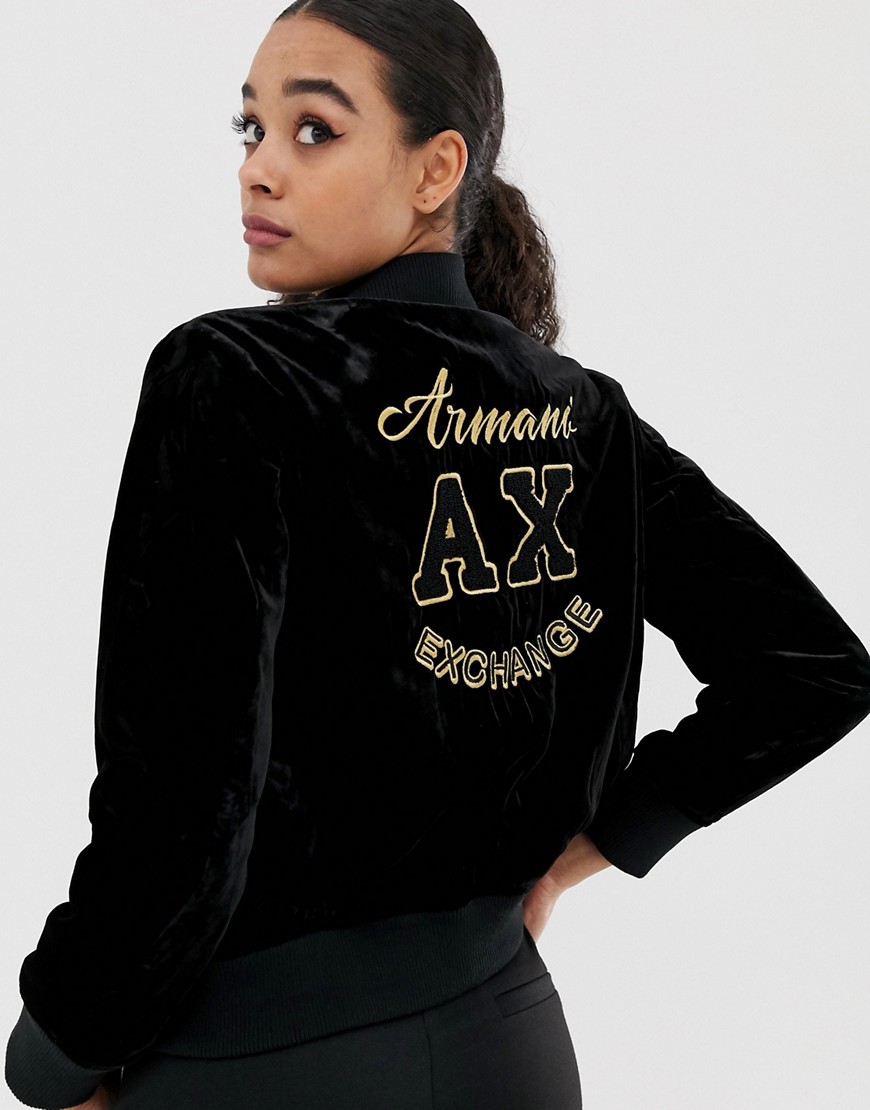 Armani Exchange velvet embroidered bomber jacket