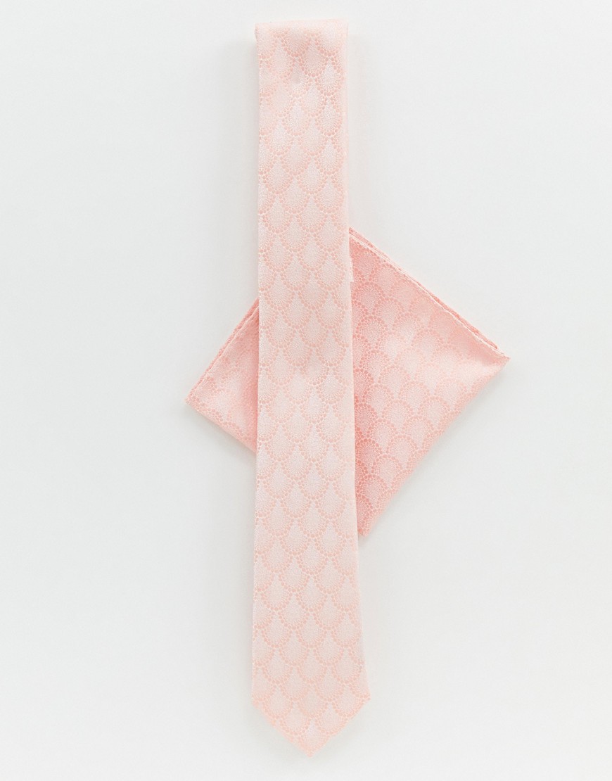 Twisted Tailor tie and pocket square set in light pink jacquard